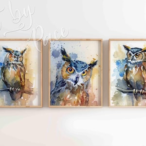 Set of Three Prints - Owl Painting Prints - Watercolor Bird Painting - Gift for bird lover - Owl Art - Wall Art - Expressive Animal Art