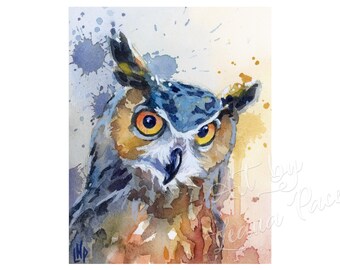 Expressive Owl Watercolor Painting Print: Bird Lover Gift