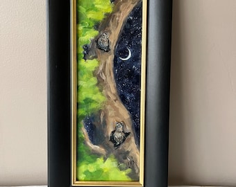 Original Owl Oil Painting: Night Scene with Frame (5x14)