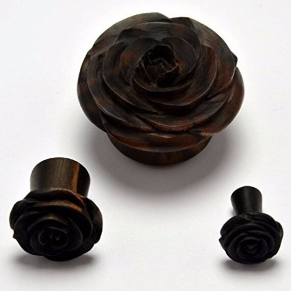 58 Unique and Stylish Handmade Gauges | Hand Carved Wooden Gauge Plug Jewelry Rose Flower Ear Gauge Plugs by Crown Republic -