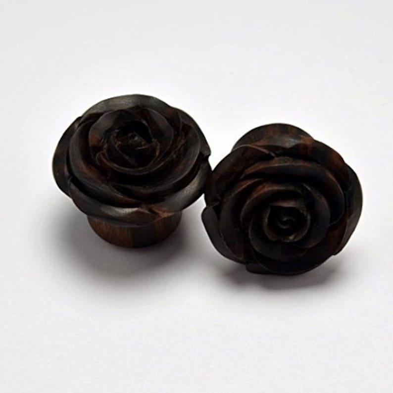 58 Unique and Stylish Handmade Gauges | Hand Carved Wooden Gauge Plug Jewelry Rose Flower Ear Gauge Plugs by Crown Republic -
