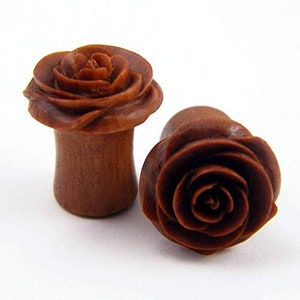 Rose Flower Ear Gauge Plugs - (0g) by Crown Republic | Hand Carved Wooden Gauge Plug Jewelry - Unique and Stylish Handmade Gauges