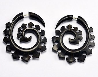 Tribal Spiral Fake Gauge Earrings ARANG by Crown Republic | Hand Carved Fake Gauge Jewelry - Unique and Stylish Handmade Fake Gauges