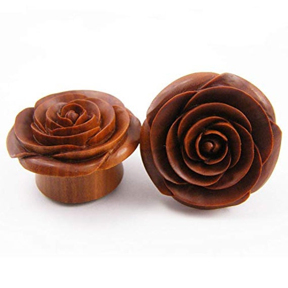 58 Unique and Stylish Handmade Gauges | Hand Carved Wooden Gauge Plug Jewelry Rose Flower Ear Gauge Plugs by Crown Republic -
