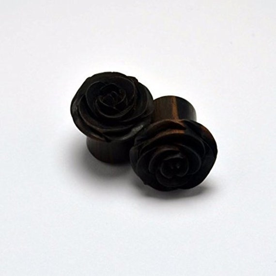 58 Unique and Stylish Handmade Gauges | Hand Carved Wooden Gauge Plug Jewelry Rose Flower Ear Gauge Plugs by Crown Republic -