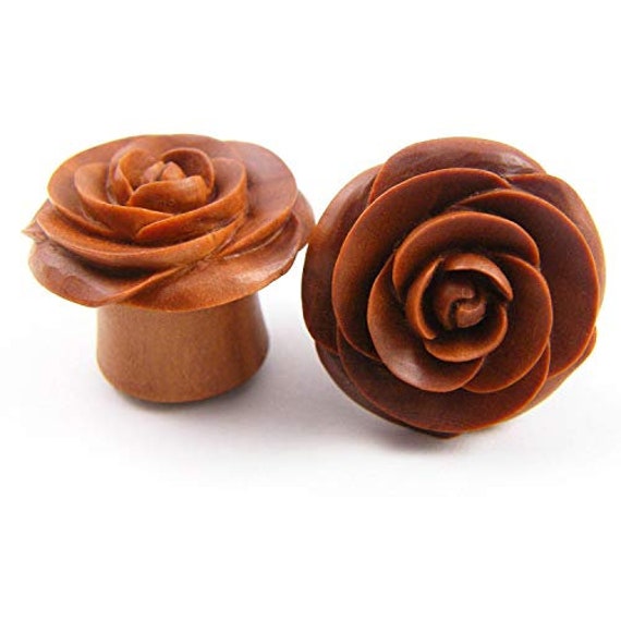 Hand Carved Crocodile Wood with Lotus Flower Fake Plug Earrings Hand Carved Crocodile Wood with Lotus Flower Fake Plug Earrings