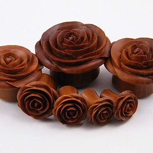Puede incluir: Conjunto de seis expansores de oreja de madera en forma de rosa de diferentes tamaños. Los expansores están tallados con intrincados detalles de rosas y son de un color marrón intenso.