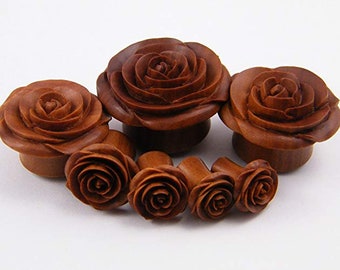 PAIR of Rose Wood Plugs with Rose of Sharon Top Plugs Earlets Gauges Body Jewelry 