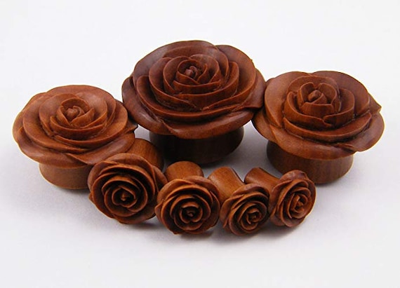 58 Unique and Stylish Handmade Gauges | Hand Carved Wooden Gauge Plug Jewelry Rose Flower Ear Gauge Plugs by Crown Republic -
