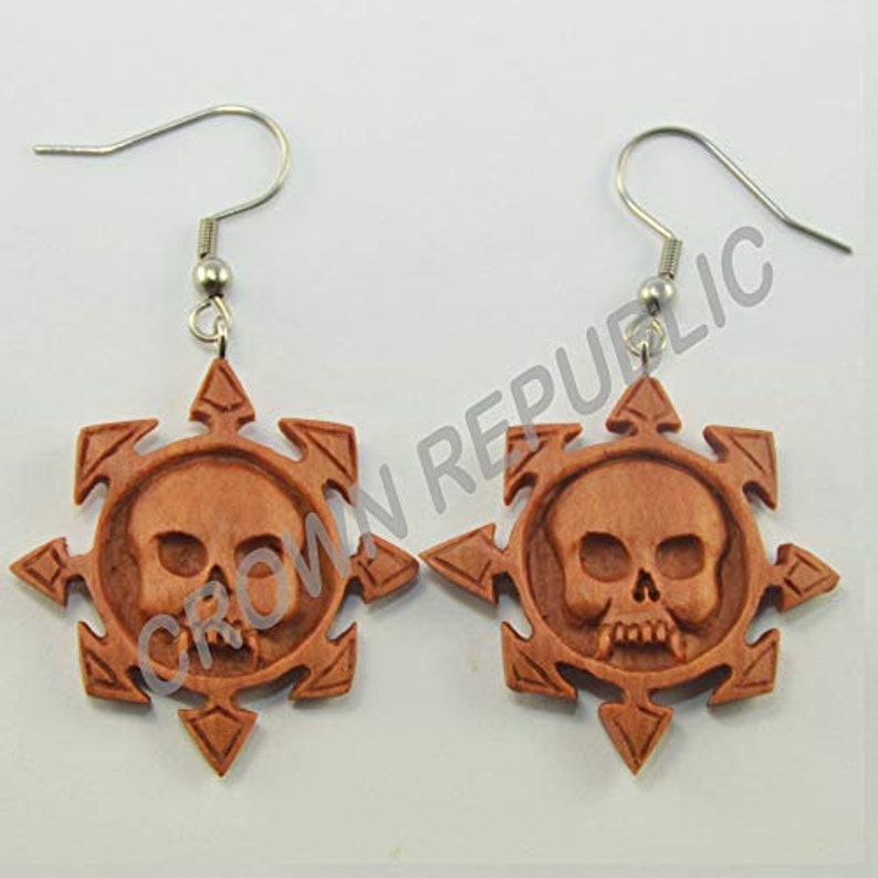 Unique and Stylish Handmade Earrings Hand Carved Wooden Earring Jewelry Medieval Skull Earrings by Crown Republic
