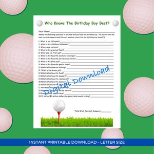 Adult Golf Theme Birthday Party Game Printable | Who Knows the Birthday Girl/Boy Best | Fun Golf Party Activity | Instant Download