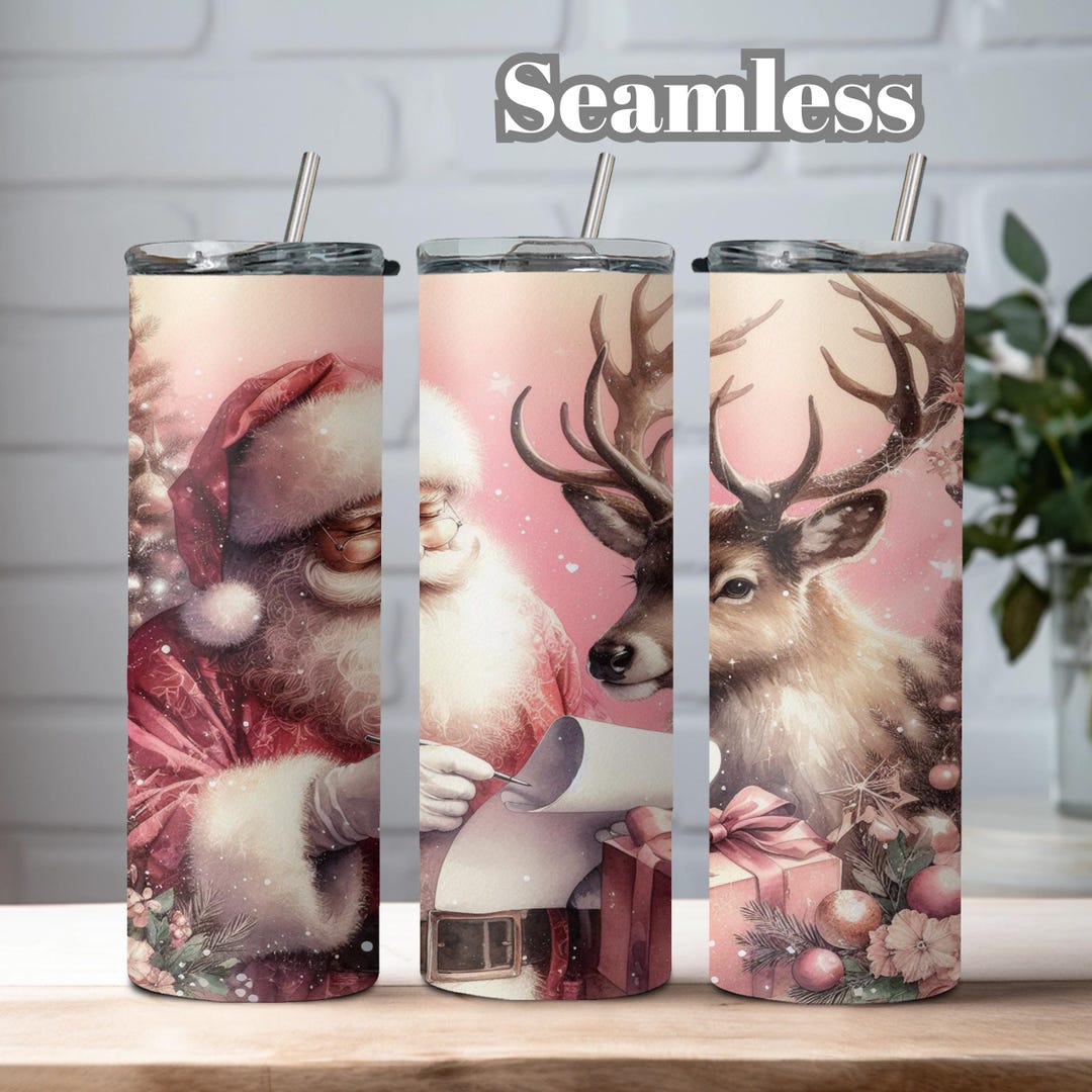 Christmas Vintage Santa Tumbler, Pink Christmas Reindeer 20 Oz Skinny ...