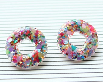 Oversized Metallic Rainbow Hearts and Dot Circle Resin Studs | Clear Transparent Open Circle One Inch| Modern Party | Stocking Stuffer Gift