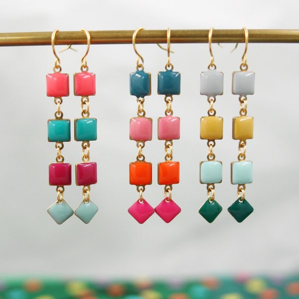 Lange oorbellen met contrasterend kleurblok | Kleurrijke moderne sierlijke lineaire hars bengelen | Botsende kleur emaille hars oorbellen | Geschenk