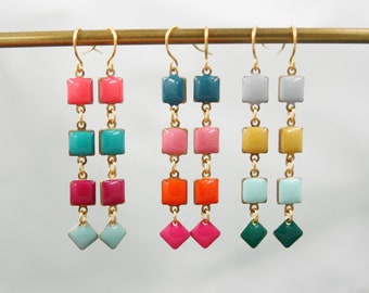 Long Contrasting Color Block Earrings | Colorful Modern Dainty Linear Resin Dangle  | Clashing Color Enamel Resin Earrings | Gift