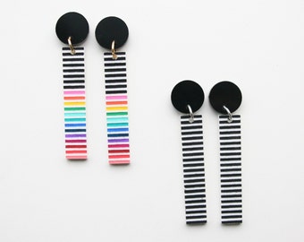 Striped Acrylic Bar Statement Earrings | Black White Colorful Rainbow Hand Painted Stripe Earrings | Fun Bright Modern Lucite Earrings