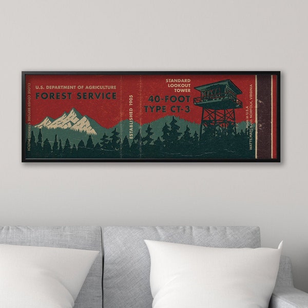 Retro US Forest Service Matchbook Poster (36 x 12") Fire Watch Tower | Vintage National Park Print | Unique Gifts | Nature Wall Art