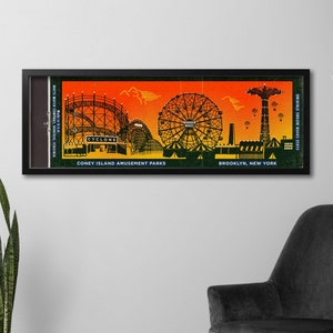 Vintage Coney Island Matchbook Poster (36 x 12&quot;) | Retro Carnival Print | Cyclone Sign | Wonder Wheel Wall Decor | Brooklyn Art | Theme Park