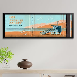 Retro Lifeguard Tower Matchbook Poster (36 x 12&quot;) Vintage Beach Sign | Los Angeles, California | Surf Wall Art | Pacific Ocean Mountains