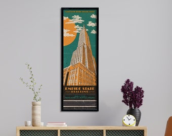 Retro Empire State Matchbook Poster (12 x36") Vintage New York | Art Deco Building | Antique Wall Sign | Geometric Print Decor | Mid Century