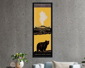 Retro Yellowstone Matchbook Poster (12" x 36") Vintage National Park | Old Faithful Geyser | Nature Wall Art | Camping Decor | Bear Print