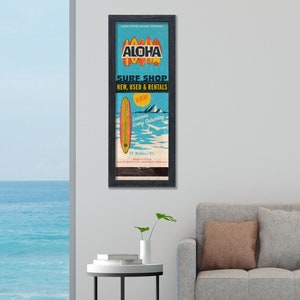 Retro Aloha Surf Shop Matchbook Poster (12 "x36") Surfboard Wall Decor / Beach House Sign / Vintage Hawaii Print / Mid Century Art / Tropical