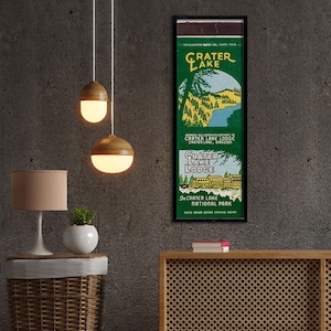 Retro Crater Lake Matchbook Poster (12" x 36") Vintage National Park Sign | Forest Wall Art | Camping Decor | Nature Print | Oregon Outdoors