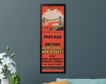 Retro New York City Matchbook Poster (12 x 36") George Washington Bridge Sign | Manhattan Wall Art | Mid Century Decor | Vintage Print