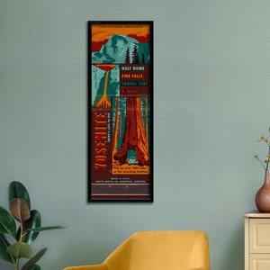 Póster retro de caja de cerillas de Yosemite (30,5 x 91,4 cm), impresión del parque nacional, arte de pared Half Dome, decoración de sequoias, California vintage, letrero para acampar