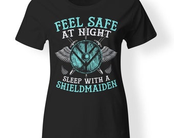 Shieldmaiden, Feel safe at night, Black t-shirt for women, Front