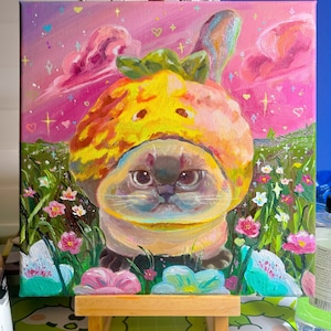 Melonpan Cat Oil Painting on Canvas (12x12 inches)