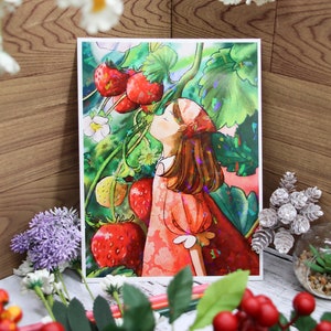 Strawberry Girl Watercolor Art Print: Kawaii Illustration (6x8)