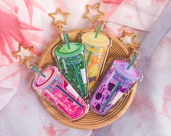 Double-Sided Clear Acrylic Cute Drink Themed Keychain/Charms with Glitter Epoxy Coating