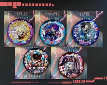 May include: Five colorful pinback buttons with anime-style character illustrations. Each button features a different character name: Xavier, Rafayel, Zayne, Caleb, and Sylus. The buttons are on cards with the names of the characters above them.