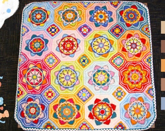 Hand-knitted Rainbow Floral Quilt