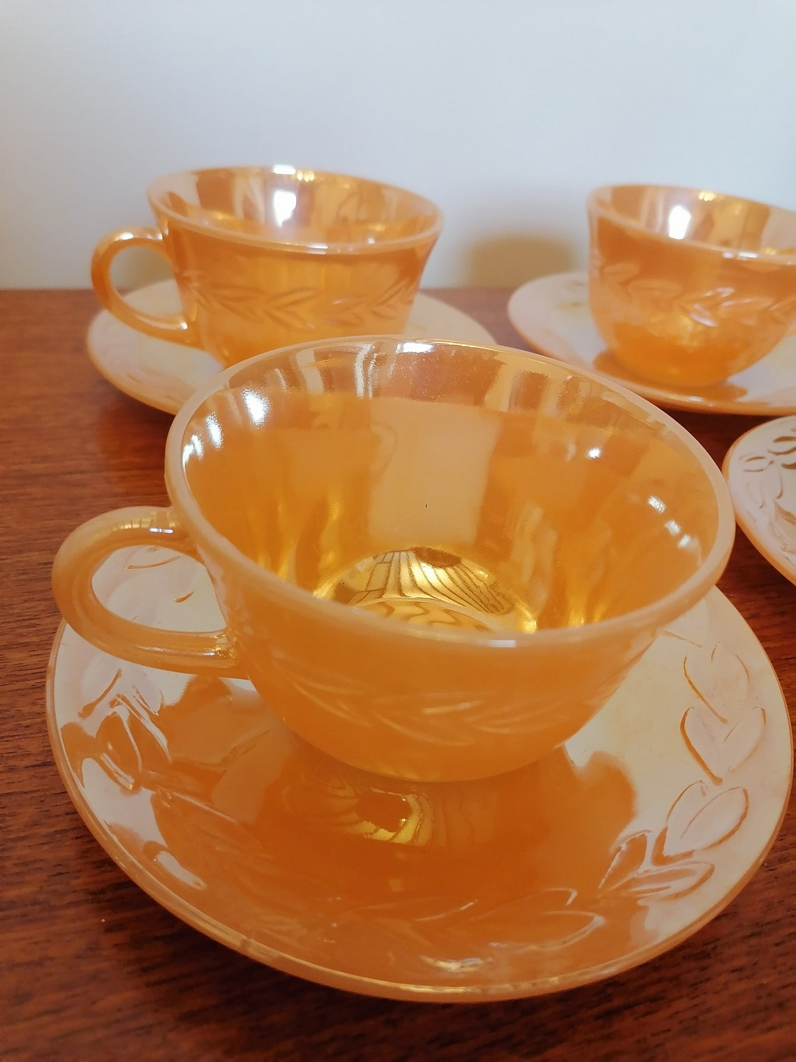 Fireking Peach Luster Ware Set of 4 Glass Cups and Saucers Etsy
