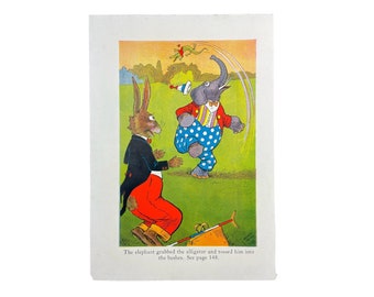 Vintage Book Illustration, Original, Full Color, Children's Wall Art, Uncle Wiggly's Adventures, 1940, 5 x 7, Juggling Elephant and Rabbit