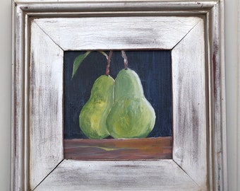 Green Pears in Plein Air Frame, Original Acrylic Painting, Still Life, Green and Black, Artist Jim Hicks