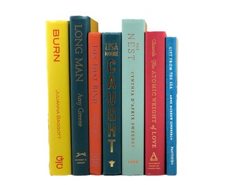 Ocean Sunset Book Stack, Books By Color, Blue Green Yellow Orange Red Books