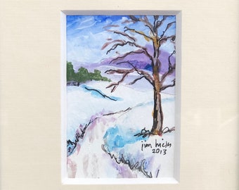 Creek in Winter, Original Ink and Watercolor by Va. Artist Jim Hicks, Miniature Painting, 2x3” in 4x6” mat, Black Frame, Free Shipping