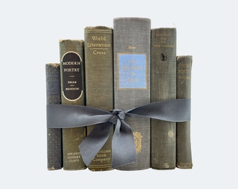 Vintage Gray and Blue Books, Rustic Book Stack, Free Shipping