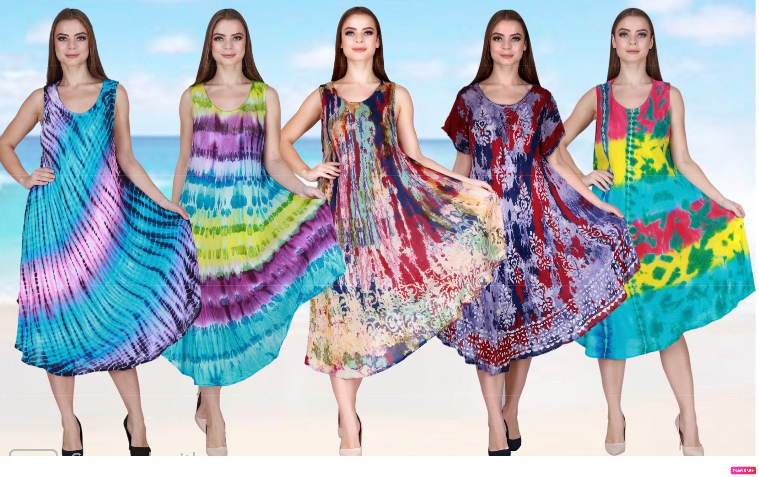 Womens Tie Dye Sundress Umbrella Floral Beach Resort Wear Boho