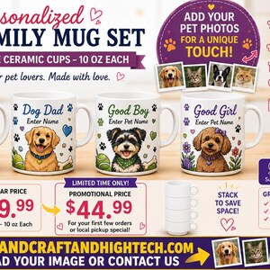 Personalized Pet Family Stackable Mug Set – Set of Four 10 oz Cups - Upload Photo