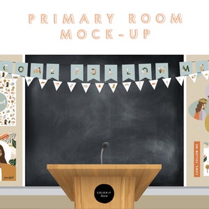 May include: A primary classroom mock-up with a chalkboard, a podium, and colorful posters featuring religious themes. The posters include images of Jesus, a ship, and a banner that reads "Come Follow Me".
