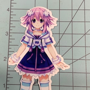 May include: A sticker featuring a cartoon anime character with long purple hair, wearing a purple and blue dress, white gloves, and blue and white striped stockings. The character has a purple and blue hooded jacket with a white collar and a white N on the front.