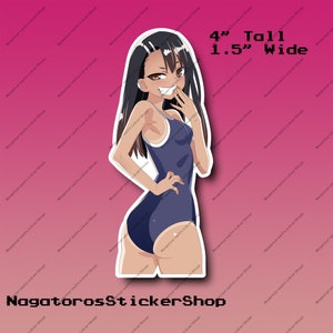 May include: A sticker of an anime character with long black hair wearing a blue swimsuit. The sticker is 4 inches tall and 1.5 inches wide. The text "4" Tall 1.5" Wide" is printed on the sticker.