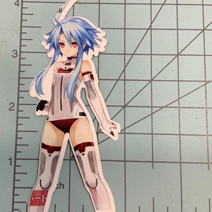 May include: A sticker featuring an anime character with long blue hair, red eyes, and a white and red outfit. The character is standing with one hand on her hip and the other raised. The sticker has a white border.