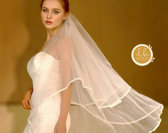 Wedding Veil Lace Edge with Blusher, Ivory Lace Wedding Veil 2 Layers, Fingertip Veil, Ivory Bridal Veil, Lace Bridal Veil, Soft Tulle Veil