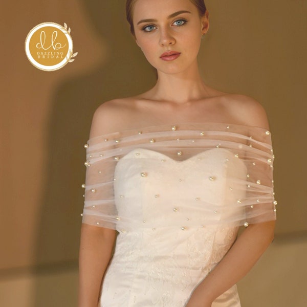 Scialle da sposa con spalle scoperte, perla avvolgente in tulle, bolero da sposa con spalle scoperte, scialle da sposa bianco, mantello da sposa, scialle da sposa in tulle