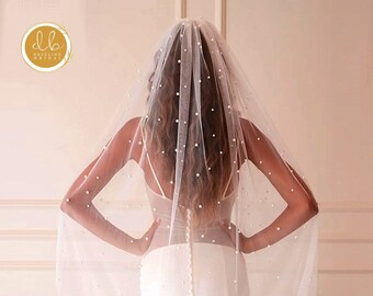 Pearl Wedding Veil Wedding Veil Scattered Pearl Veil Bridal Tulle,Elbow Fingertip Capel Cathedral Length Simple Single layer Veil with Pearl